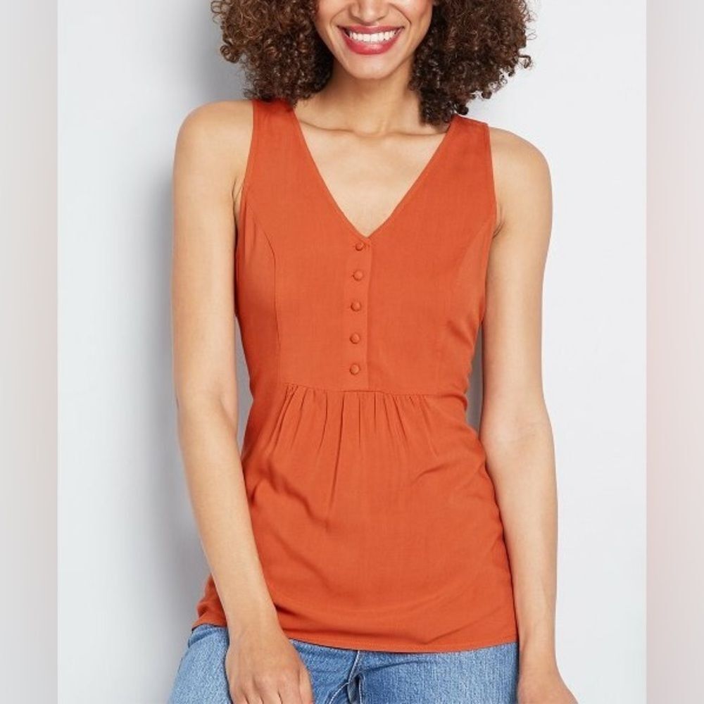 ModCloth Tie Back Button Front Sleeveless Top in Rust Orange | Medium